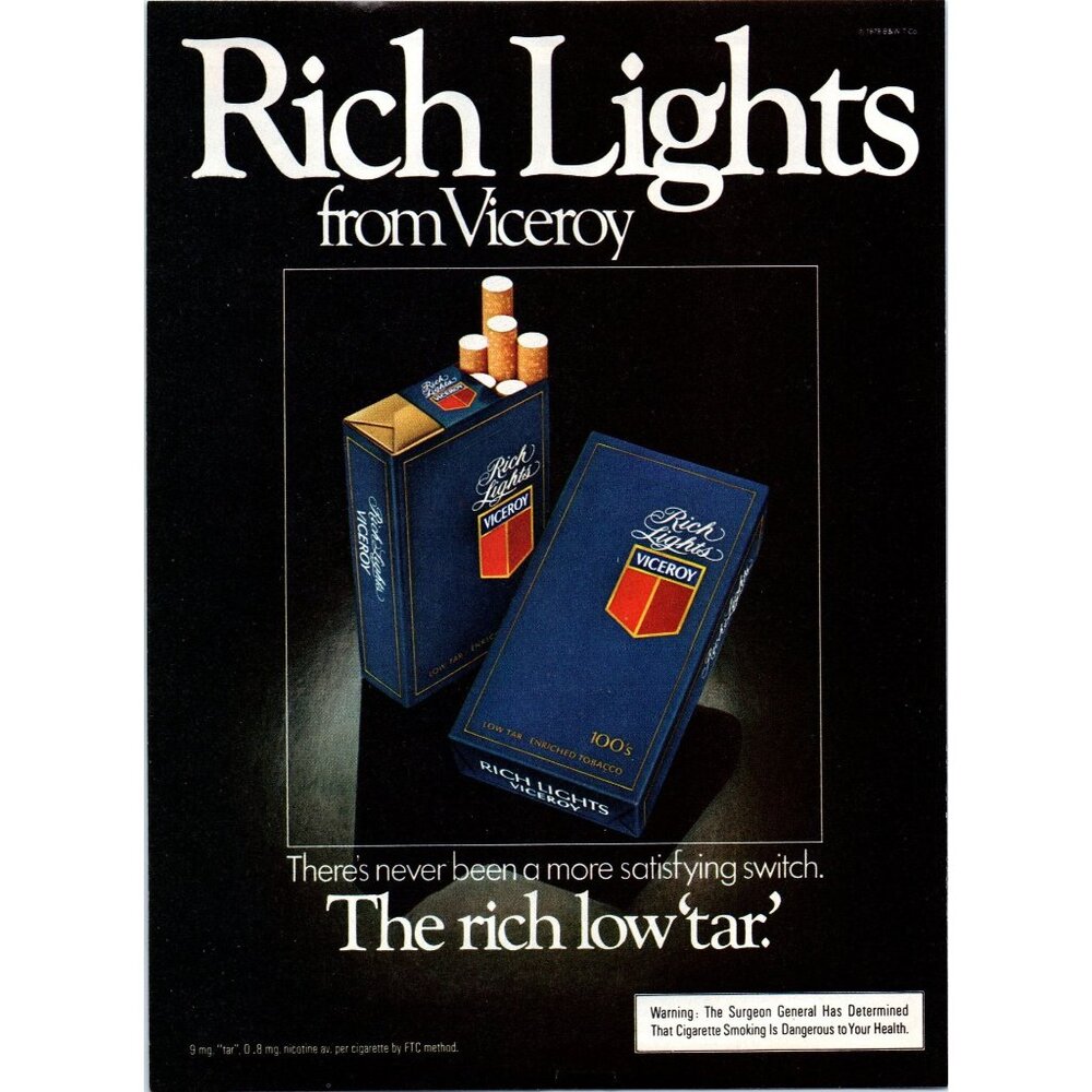 1980 Viceroy Rich Lights Cigarettes Vintage Print Ad Blue Box 80s Wall Art